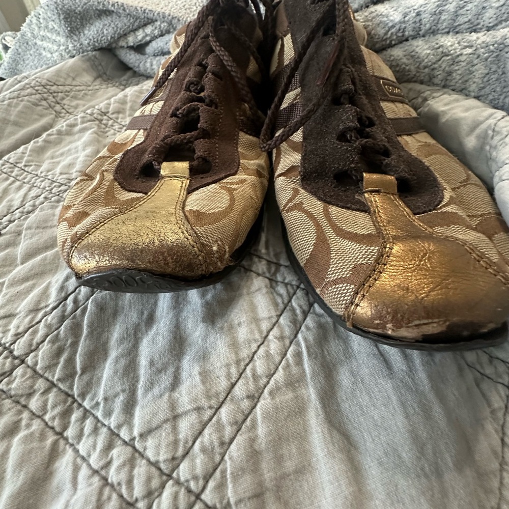 Coach Signature Brown and Gold Lace-Up Shoes - Picture 2 of 5